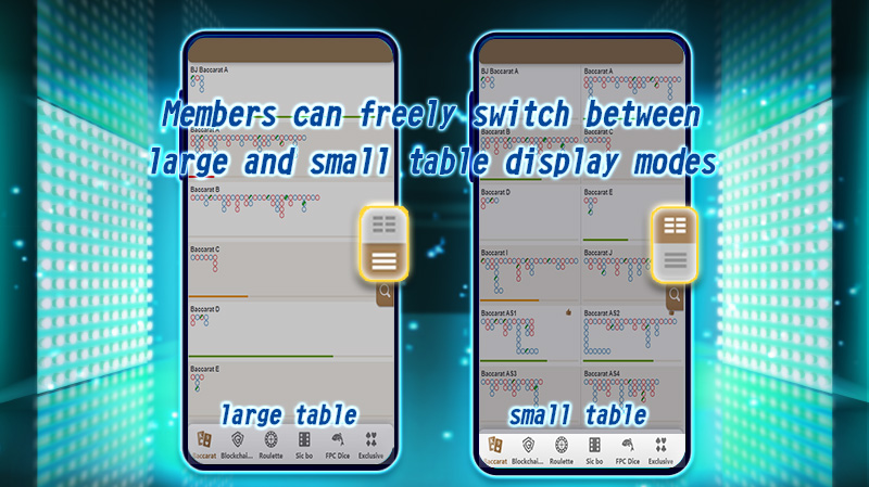 大厅提供大/小桌切换功能，会员可自由地根据需求选择适合自己的桌台显示方式